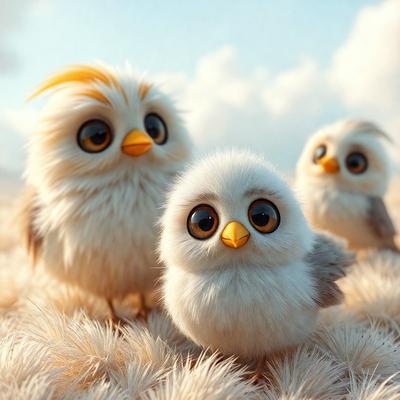 The primary subject of the image is a group of three baby owls standing together in a field. The setting is a grassy area with clouds in the background. The visual style is a digital art illustration, giving the scene a whimsical and playful atmosphere. The colors are predominantly shades of brown, white, and yellow, creating a warm and inviting mood.